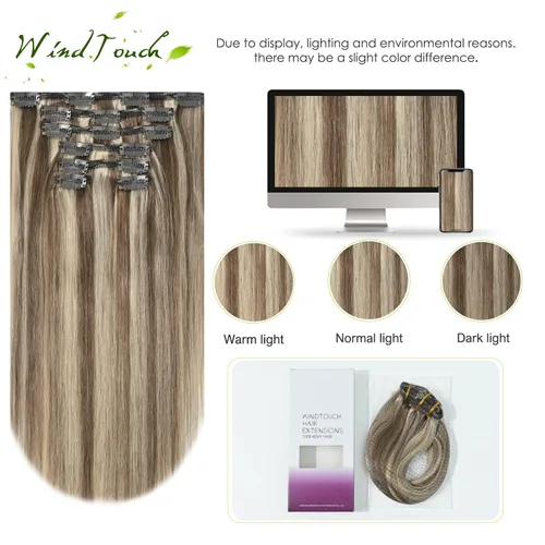 Vista 4 de WindTouch Extensiones de cabello humano real con pinzas, balayage, color rubio ceniza a rubio platino, con reflejos gruesos para cabeza completa, 14