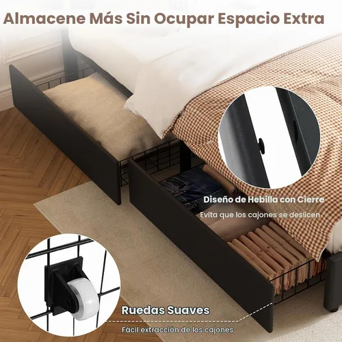 Vista 5 de IMMERSTABLE Base de cama tamaño Queen con cabecero y 4 cajones de almacenamiento, plataforma tapizada de piel sintética con luces LED, listones