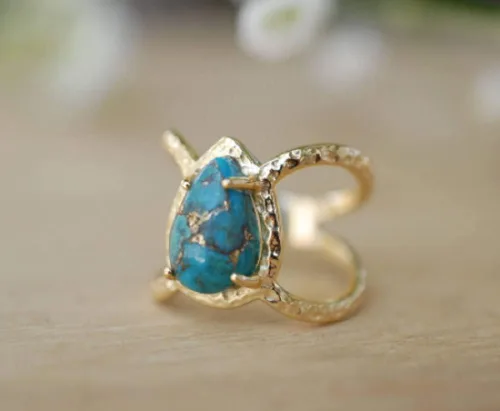 Vista 2 de Awmnjtmgpw - Anillo turquesa con incrustaciones de oro de 18 quilates con forma de lágrima y pera talla 10