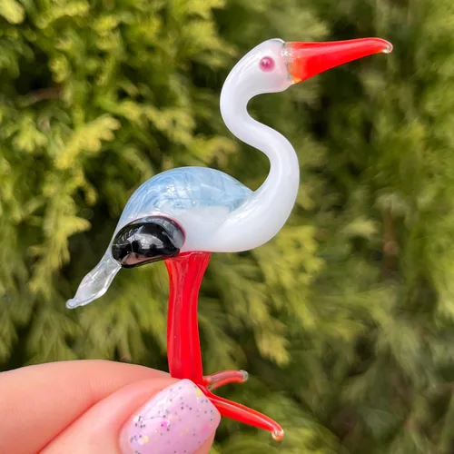 Vista 2 de Figura de cigüeña de cristal, escultura de pájaro de vidrio soplado a mano, adorno de cigüeña en miniatura, figura de animal de vidrio artístico