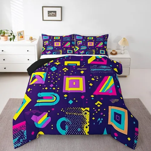 Vista 3 de Juego de edredón de estilo retro de los años 80, juego de ropa de cama de patrón geométrico abstracto, diseño urbano moderno con círculos
