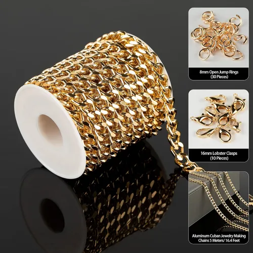 Vista 2 de YOUBEIYEE Cadena chapada en oro de 16.4 pulgadas para hacer joyas, cadena de eslabones de aluminio, collar, pulsera, suministros de joyería con 2.4