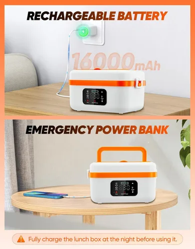 Vista 4 de Fiambrera eléctrica inalámbrica, calentador de alimentos autocalentable, fiambreras a batería con recipiente de 1 litro, lonchera térmica recargable