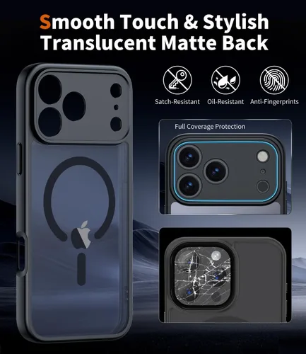 Vista 6 de Funda 2 en 1 para iPhone 17 Pro, protección completa de la cámara, compatible con MagSafe, delgada, translúcida, mate, a prueba de golpes, Negro