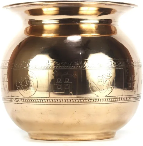 Vista 7 de ASHIRWAD Cobre puro en relieve Lota Kalash para oración hindú Pooja con Om Swastik Signs Arti Puja Pot para nuevo hogar AE000182-04 (1.0 L)