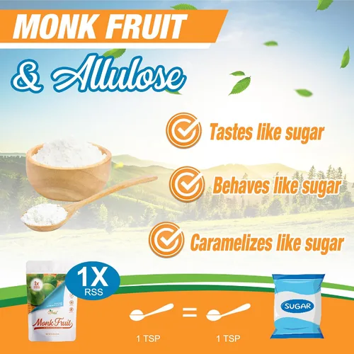 Vista 3 de Monk Fruit - Edulcorante multiusos de alulosa paquete múltiple-2: 1 dulzura de azúcar; porciones totales 228; edulcorante cero calorías, sustituto
