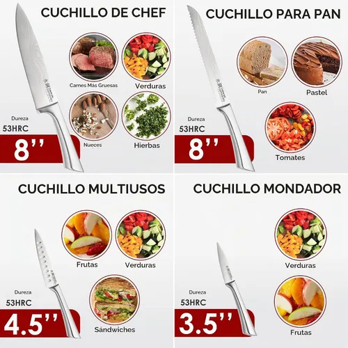 Vista 4 de Cuisine: pro Damashiro - Bloque de cuchillos Satori de 8 piezas, juego de cuchillos de acero japonés con bloque de cuchillos de madera de acacia