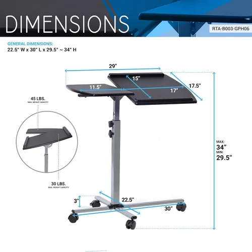 Vista 3 de Techni Mobili Carrito de portátil ajustable con ruedas, grafito
