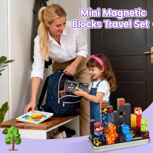 Vista 5 de SYSKENI Juego de 35 Bloques Magnéticos de Viaje, Mini Bloques Magnéticos Juguetes de Viaje para Niños de 3-5 y 4-8 Años, Cubos Magnéticos Portátiles