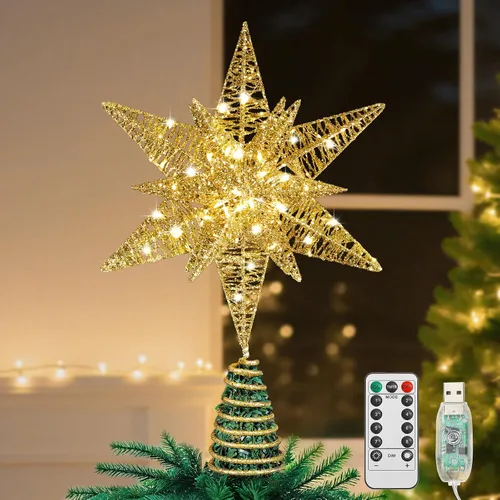 Vista 10 de Lewondr - Estrella para punta de árbol de Navidad, alimentación USB, control remoto, diseño hexagonal multicapa de 11 pulgadas, 8 modos de luz