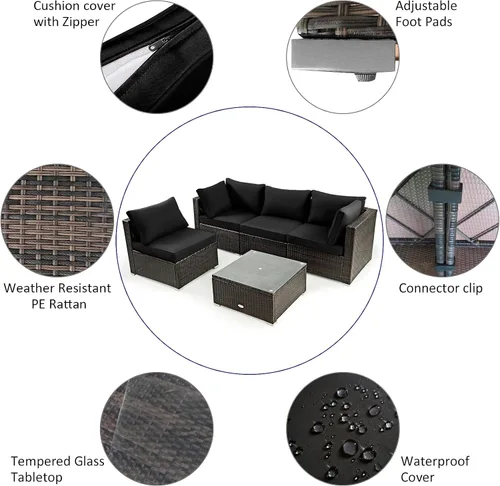 Vista 7 de Tangkula Patiojoy Juego de sofá de ratán para exteriores de 6 piezas con mesa de fuego de gas propano de 30 pulgadas, mesa de cerámica para fuego