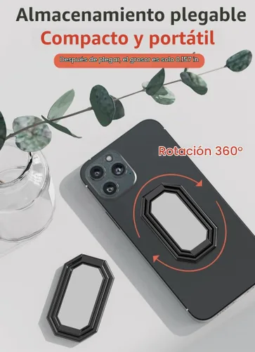 Vista 5 de Soporte de anillo para teléfono con patas plegables, soporte de dedo para celular, rotación de 360°, anillo de metal compatible con soporte Negro