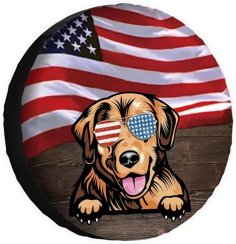 Vista 11 de Cubierta de llanta de repuesto para perro, lapphund finlandés con gafas de sol, bandera estadounidense, fundas protectoras de ruedas a prueba