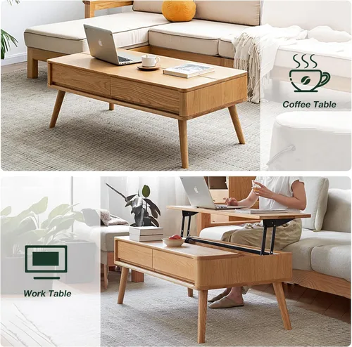 Vista 5 de Mesa auxiliar elevable con almacenamiento, mesa de centro elevadora de madera de roble 100% maciza, mesa de centro de madera de 39 pulgadas