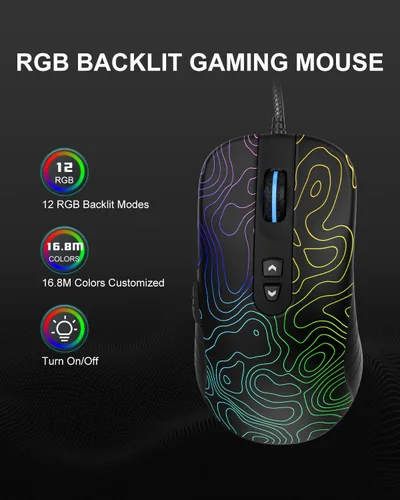 Vista 2 de Womier G706 Mouse Gaming USB con Cable para PC Computadora Windows Mac Portátil, Mouse Ligero Silencioso con Retroiluminación RGB con 12000DPI