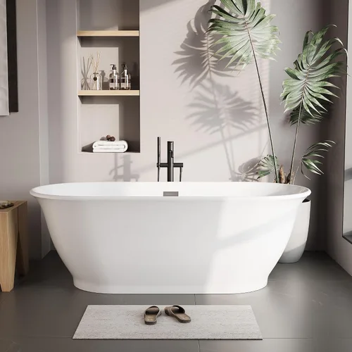Vista 30 de 59 Inch Freestanding Bathtubs, White Acrylic Free Standing Bathtub, Modern Soaking Tub with Integrated Overflow & Chrome Drain for Bathroom Remodel