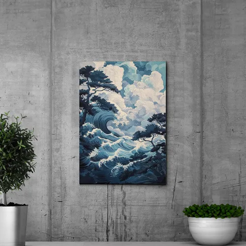 Vista 3 de Canvas Print Canvas Framed Canvas Wall Art Wood Panel Retro Wave Art A Storm Wall Art Print Sea Wave In The Night And Trees Stormy Waves Art Canvas