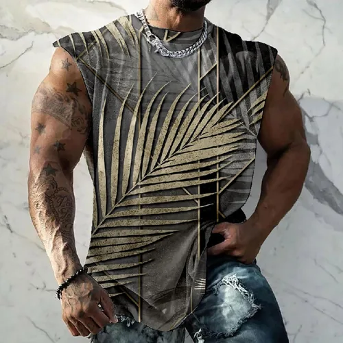Vista 2 de Muscularfit Camisetas gráficas con estampado divertido para hombre, estilo casual, holgadas, sin mangas, cuello redondo, camisetas hawaianas