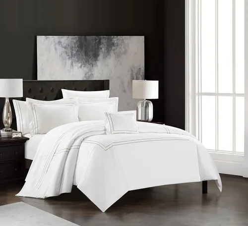 Vista 2 de Chic Home Santorini - Juego de edredón de algodón de 4 piezas, color blanco sólido con borde bordado de doble raya, ropa de cama de la colección