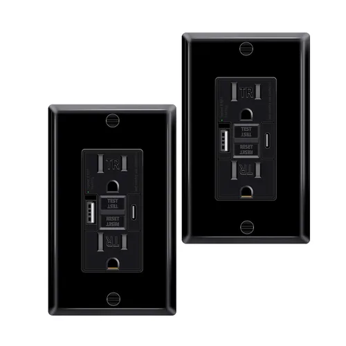 Vista 54 de Toma GFCI negra de 15 amperios con puertos USB C y USB-A, 1 unidad de 24 W de autotprueba GFCI USB Combo con indicador LED, resistente a