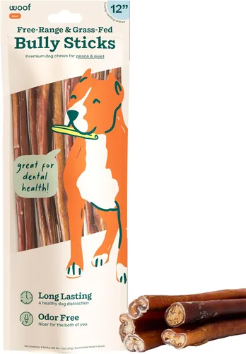 Vista 11 de WOOF Bully Sticks Golosinas para Perros - Palitos Masticables para Perros - Golosinas Masticables para Perros de Larga Duración - Hechos con Carne