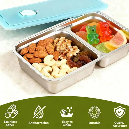 Vista 4 de 2 recipientes de acero inoxidable con tapas, reutilizables, de doble compartimento, para almuerzo y condimentos, para preparación de comidas