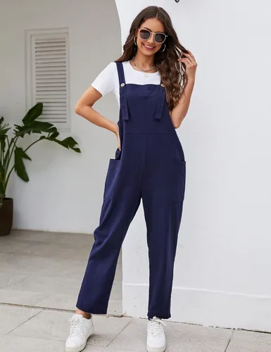 Vista 3 de COZYPOIN Overol casual para mujer, de pierna ancha, de algodón, holgado, casual, holgado, con peto