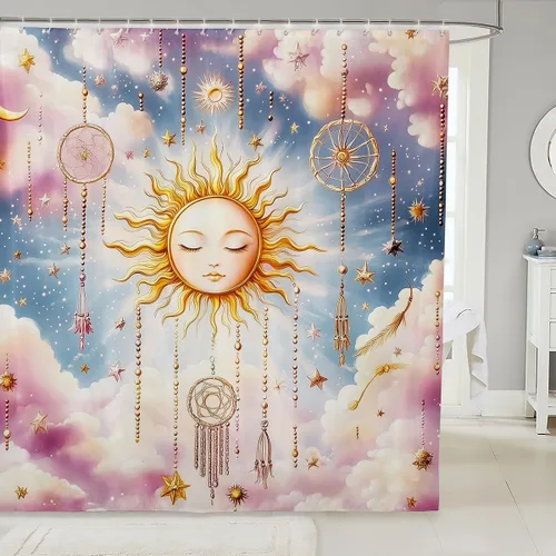 Vista 22 de Butterfly Shower Curtain Bohemian Bathroom Shower Curtain Set for Kids Adult Sun Moon Bath Curtain Yellow Butterfly Waterproof Curtains Room Decor