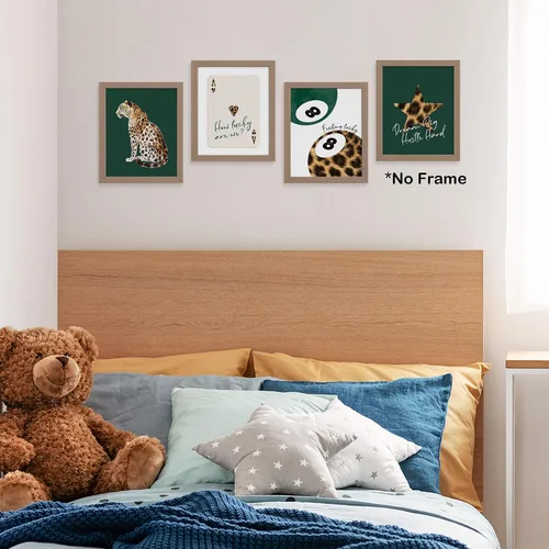 Vista 6 de TLESKE Carteles de guepardo y leopardo preppy verde esmeralda Impresiones sin marco 8x10 Juego de 4, decoraciones de pared con bolas de la suerte 8