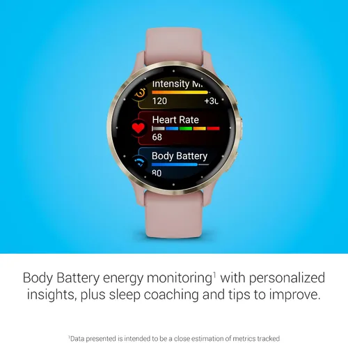 Vista 4 de Garmin Venu 3S Bisel de acero inoxidable dorado suave, reloj inteligente con pantalla táctil AMOLED de 1.2 pulgadas, con estuche de 41 mm