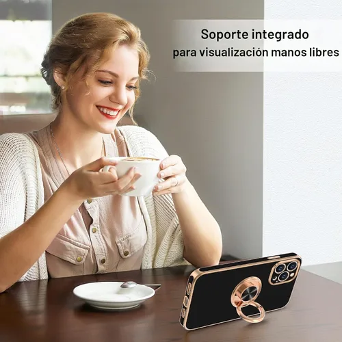 Vista 6 de Hython - Funda para iPhone 14 Pro con soporte de anillo [soporte magnético de anillo giratorio de 360°] [soporte para montaje en coche] Borde dorado