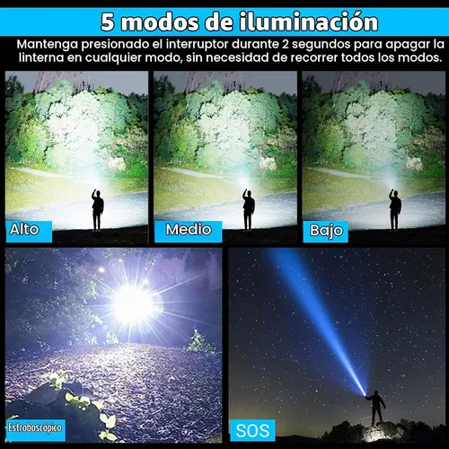 Vista 2 de Linternas Recargables de Alto Lúmenes, Luz LED Súper Brillante, Linternas Tácticas con Pantalla LCD de Energía, 5 Modos, Impermeable, Linterna Más