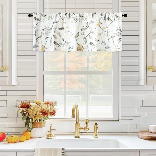 Vista 23 de VOGOL Cenefa de pájaro y bayas, decoración clásica de ventana de campo americano con estampado botánico, cortina de bolsillo para barra fácil