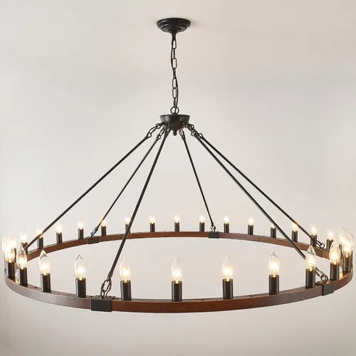 Vista 11 de Candelabro de Rueda de Vagón de Madera de 15 Luces, Candelabro de Granja Rústico Vintage con Bombillas E26, 32" Candelabro Industrial