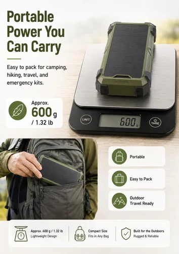 Vista 8 de Sudrov Banco de energía solar de 20,000 mAh, 15 W con cables integrados, cargador portátil, regalos para hombres, él marido, paquete de batería