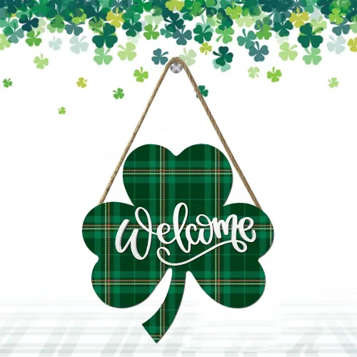 Vista 2 de Letrero de bienvenida de trébol de la suerte para puerta delantera, decoración de San Patricio, trébol irlandés, decoración del día de San Patricio