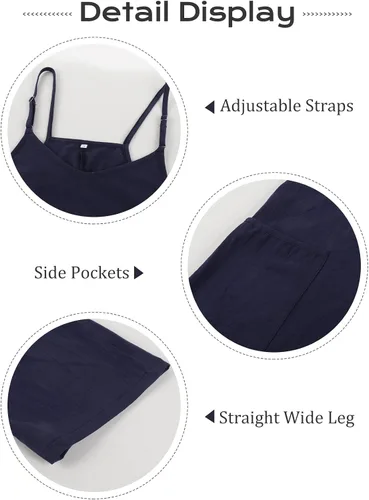 Vista 6 de Flygo Overol holgado para mujer, sin mangas, holgado, de lino, algodón, con dos bolsillos