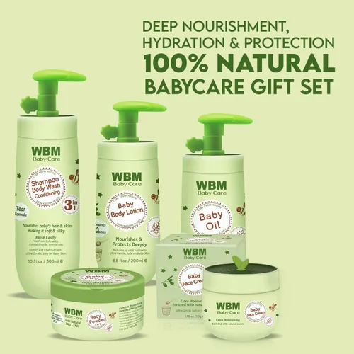 Vista 2 de WBM Care Baby Gift Set 5 productos esenciales para el cuidado de la piel del bebé: loción para bebés, champú para bebés, crema facial, polvo