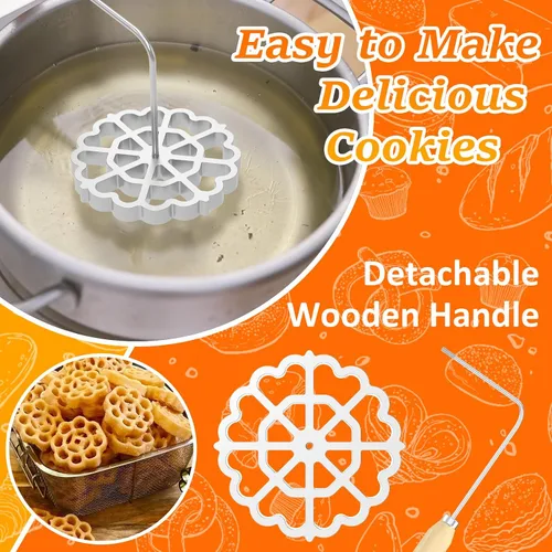 Vista 4 de Molde para bunuelos con mango de madera, molde de aluminio para hacer galletas, rosetón desmontable, herramienta de bunuelos para galletas, molde 2