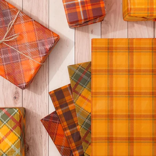 Vista 3 de Whaline 60 hojas de papel de seda a cuadros retro naranja marrón a cuadros decorativos para otoño, fiesta de Acción de Gracias, manualidades, 14 x