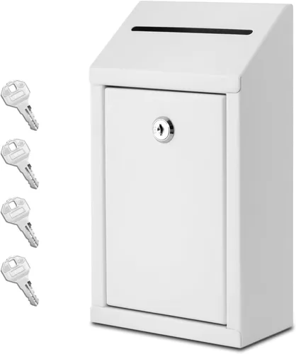 Vista 8 de EIENHOSHI Caja de donación de metal con cerradura, montaje en pared, caja de sugerencias con 4 llaves de hierro, color negro, caja de dinero