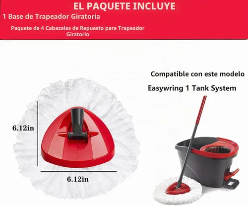 Vista 3 de FOOKCIAN Juego de Repuesto para Trapeador Giratorio - 4 Cabezales de Microfibra, Base, Mango de 30-58'' Compatible con OCedar EasyWring - Blanco