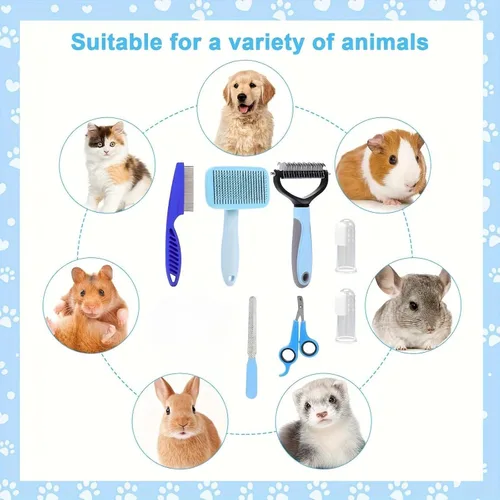 Vista 4 de Kit de aseo para mascotas 8 en 1, herramientas de aseo para perros y gatos con peine desengrasante, cepillo deslizante, lima de uñas y cepillos