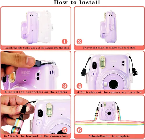 Vista 7 de Funda transparente para cámara instantánea Fujifilm Instax Mini 11, cubierta protectora de PVC duro con correa de hombro extraíble arcoíris y 20