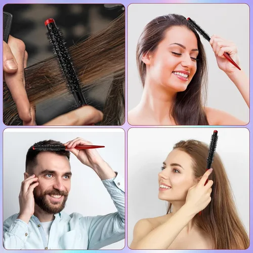 Vista 6 de Cepillo redondo pequeño para soplar – Cepillo de rodillo Quiff de 1 pulgada de diámetro con mango de madera y cerdas de nailon rígidas para peinar