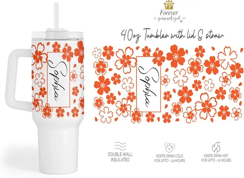 Vista 5 de Vaso personalizado de 40 onzas con asa y pajita, vaso aislado de acero inoxidable, taza de viaje, taza de café de doble pared para bebidas frías