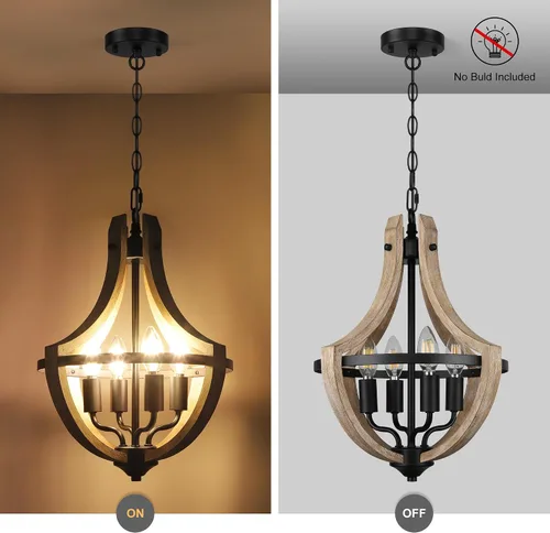 Vista 5 de Candelabro de 4 luces estilo granja para comedor, lámparas colgantes ajustables de madera vintage para isla de cocina, vestíbulo, entrada, zona
