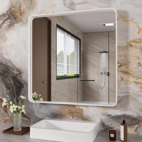 Vista 22 de JISOSO - Espejo de baño negro de 20x30 pulgadas con marco de metal negro, espejo de tocador rectangular redondeado con acabado mate para pared