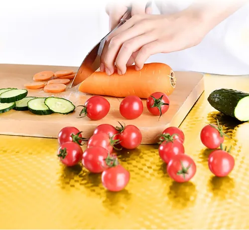 Vista 3 de Papel tapiz de aluminio impermeable y resistente al aceite para despegar y pegar, protector contra salpicaduras autoadhesivo dorado para encimeras