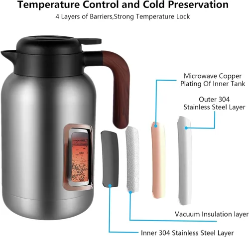 Vista 3 de Luvan Sus316 - Jarra térmica de café de 68 onzas, 2 L, jarra de café al vacío de doble pared, cafetera con tapa y agarre de madera maciza